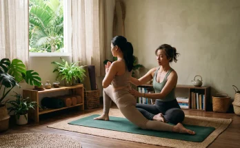 Huấn luyện viên dạy yoga tại nhà quận 3 chỉnh tư thế cho học viên trên thảm trong phòng khách