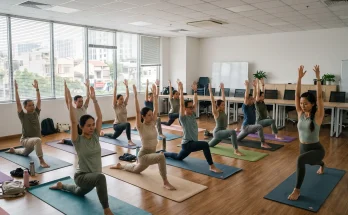 Giáo viên yoga cho công ty hướng dẫn nhóm nhân viên tập trên thảm trong phòng họp đã dọn bàn