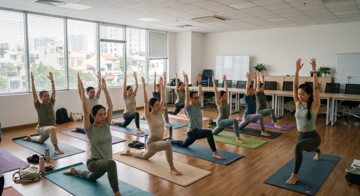 Giáo viên yoga cho công ty hướng dẫn nhóm nhân viên tập trên thảm trong phòng họp đã dọn bàn