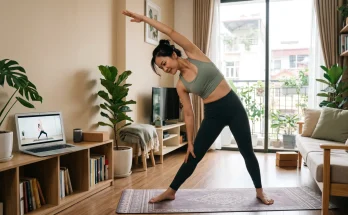 Học yoga online có hiệu quả không: người phụ nữ tập trên thảm trước laptop có huấn luyện viên trên màn hình