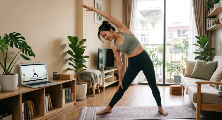 Học yoga online có hiệu quả không: người phụ nữ tập trên thảm trước laptop có huấn luyện viên trên màn hình
