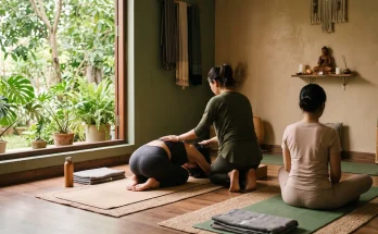 Huấn luyện viên hướng dẫn một buổi dạy yoga tại nhà trong phòng khách sáng, thảm tập trải trên sàn gỗ