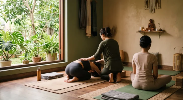 Huấn luyện viên hướng dẫn một buổi dạy yoga tại nhà trong phòng khách sáng, thảm tập trải trên sàn gỗ